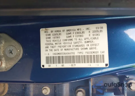 2006 Honda Accord Sdn Ex-L V6 from USA, damaged, VIN 1HGCM66536A044702